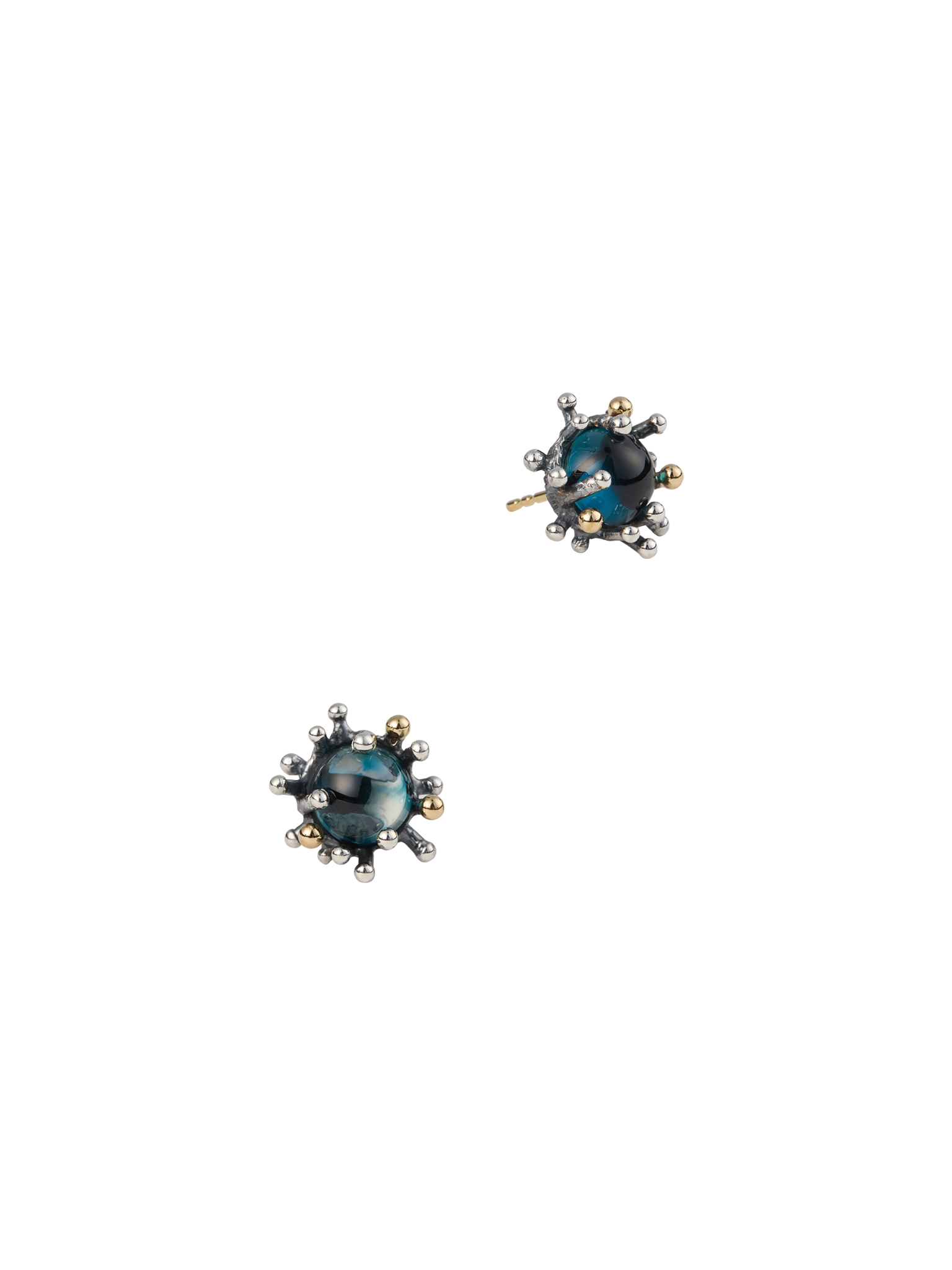 Sea anemone earrings in oxidized silver and 18k yellow gold with london blue topaz